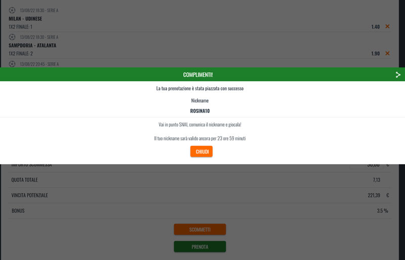 snai my bet codice prenotazione scommessa